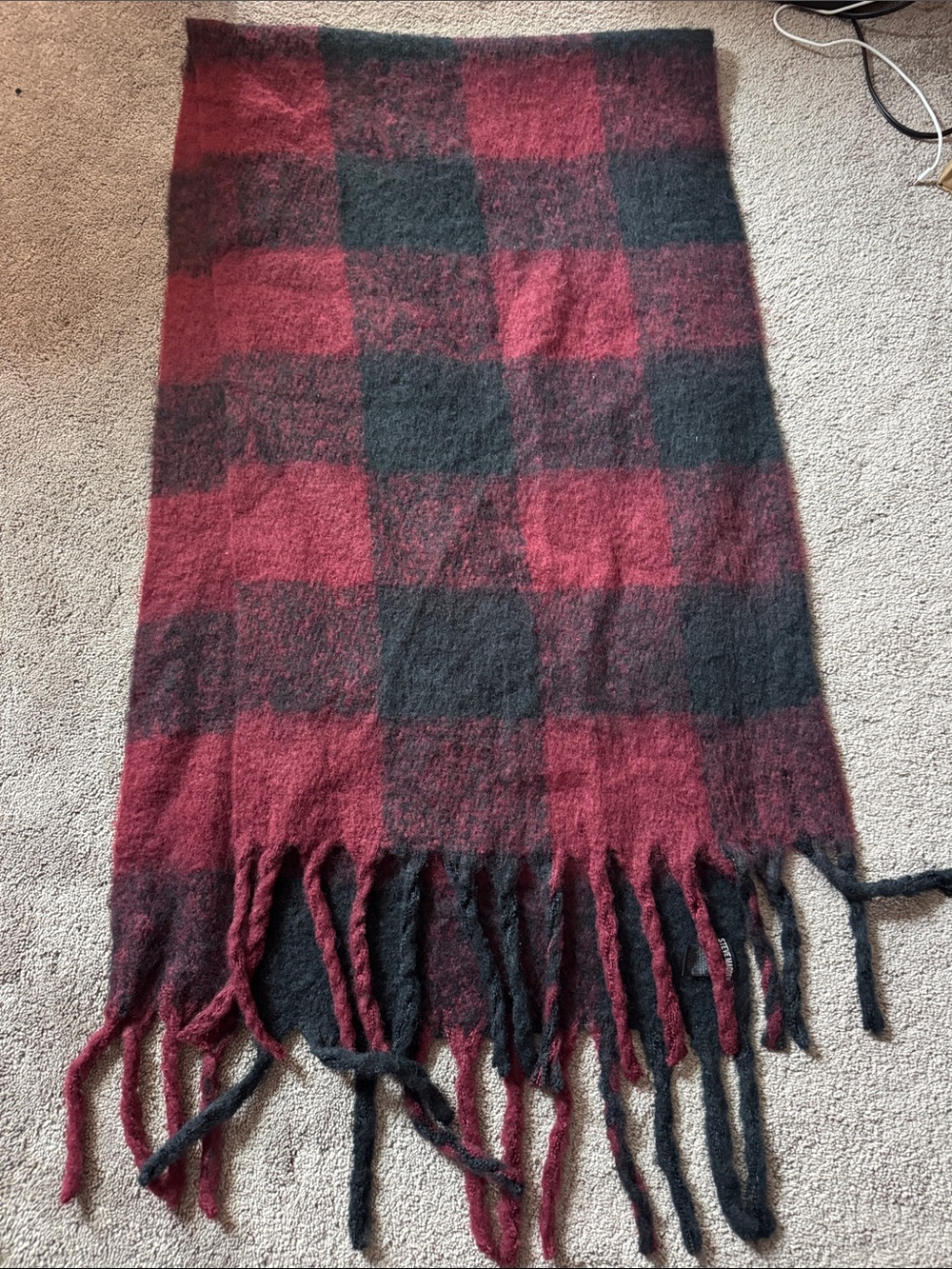 Steve Madden Red Black Buffalo Plaid Oversized Fringe Scarf OS
